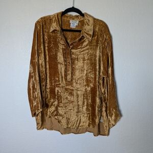 Velvet Button-Placket Women's Top in Mustard Gold